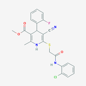 molecular formula C23H19ClFN3O3S B2972379 Methyl 6-((2-((2-chlorophenyl)amino)-2-oxoethyl)thio)-5-cyano-4-(2-fluorophenyl)-2-methyl-1,4-dihydropyridine-3-carboxylate CAS No. 442557-59-7