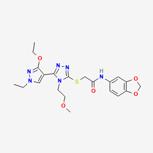 molecular formula C21H26N6O5S B2972471 N-(2H-1,3-benzodioxol-5-yl)-2-{[5-(3-ethoxy-1-ethyl-1H-pyrazol-4-yl)-4-(2-methoxyethyl)-4H-1,2,4-triazol-3-yl]sulfanyl}acetamide CAS No. 1013812-25-3