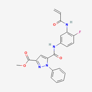 molecular formula C21H17FN4O4 B2972673 Methyl 5-[[4-fluoro-3-(prop-2-enoylamino)phenyl]carbamoyl]-1-phenylpyrazole-3-carboxylate CAS No. 2361705-80-6