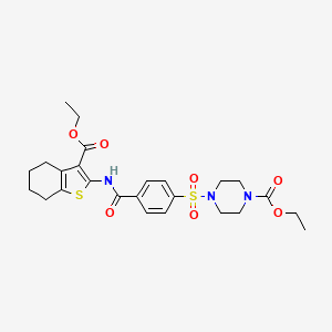 molecular formula C25H31N3O7S2 B2972682 Ethyl 4-((4-((3-(ethoxycarbonyl)-4,5,6,7-tetrahydrobenzo[b]thiophen-2-yl)carbamoyl)phenyl)sulfonyl)piperazine-1-carboxylate CAS No. 398998-67-9