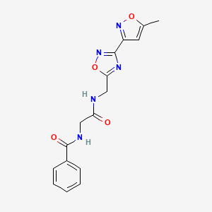 molecular formula C16H15N5O4 B2972723 N-(2-(((3-(5-methylisoxazol-3-yl)-1,2,4-oxadiazol-5-yl)methyl)amino)-2-oxoethyl)benzamide CAS No. 2034287-89-1