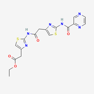 molecular formula C17H16N6O4S2 B2972848 Ethyl 2-(2-(2-(2-(pyrazine-2-carboxamido)thiazol-4-yl)acetamido)thiazol-4-yl)acetate CAS No. 1207046-08-9