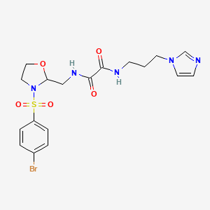 molecular formula C18H22BrN5O5S B2972917 N1-(3-(1H-imidazol-1-yl)propyl)-N2-((3-((4-bromophenyl)sulfonyl)oxazolidin-2-yl)methyl)oxalamide CAS No. 868981-04-8
