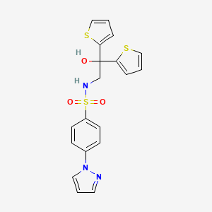 molecular formula C19H17N3O3S3 B2972957 N-(2-hydroxy-2,2-di(thiophen-2-yl)ethyl)-4-(1H-pyrazol-1-yl)benzenesulfonamide CAS No. 2034486-65-0