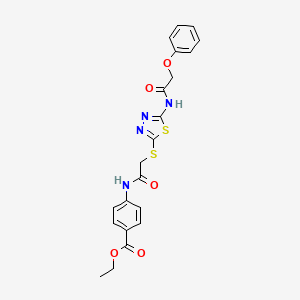molecular formula C21H20N4O5S2 B2973013 Ethyl 4-(2-((5-(2-phenoxyacetamido)-1,3,4-thiadiazol-2-yl)thio)acetamido)benzoate CAS No. 392293-01-5