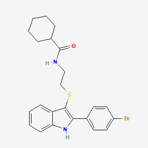 molecular formula C23H25BrN2OS B2973022 N-[2-[[2-(4-bromophenyl)-1H-indol-3-yl]sulfanyl]ethyl]cyclohexanecarboxamide CAS No. 1023550-84-6