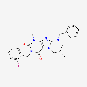 molecular formula C24H24FN5O2 B2973025 9-benzyl-3-[(2-fluorophenyl)methyl]-1,7-dimethyl-1H,2H,3H,4H,6H,7H,8H,9H-pyrimido[1,2-g]purine-2,4-dione CAS No. 862198-43-4