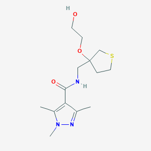 molecular formula C14H23N3O3S B2973081 N-{[3-(2-hydroxyethoxy)thiolan-3-yl]methyl}-1,3,5-trimethyl-1H-pyrazole-4-carboxamide CAS No. 2310207-95-3