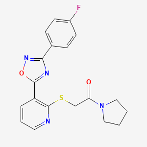 molecular formula C19H17FN4O2S B2973116 2-((3-(3-(4-Fluorophenyl)-1,2,4-oxadiazol-5-yl)pyridin-2-yl)thio)-1-(pyrrolidin-1-yl)ethanone CAS No. 1428351-18-1