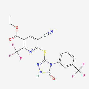 molecular formula C19H11F6N5O3S B2973118 Ethyl 5-cyano-6-({4-[3-(trifluoromethyl)phenyl]-4,5-dihydro-1,2,4-triazol-5-one}thio)-2-(trifluoromethyl)nicotinate CAS No. 1174906-92-3