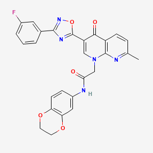 molecular formula C27H20FN5O5 B2973134 N-(2,3-dihydro-1,4-benzodioxin-6-yl)-2-{3-[3-(3-fluorophenyl)-1,2,4-oxadiazol-5-yl]-7-methyl-4-oxo-1,4-dihydro-1,8-naphthyridin-1-yl}acetamide CAS No. 1029770-26-0