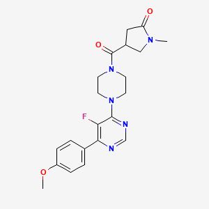 molecular formula C21H24FN5O3 B2973143 4-{4-[5-Fluoro-6-(4-methoxyphenyl)pyrimidin-4-yl]piperazine-1-carbonyl}-1-methylpyrrolidin-2-one CAS No. 2380140-68-9