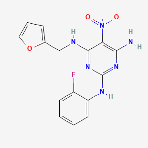 molecular formula C15H13FN6O3 B2973188 N2-(2-fluorophenyl)-N4-[(furan-2-yl)methyl]-5-nitropyrimidine-2,4,6-triamine CAS No. 713084-86-7