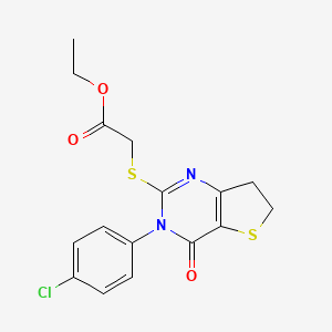 molecular formula C16H15ClN2O3S2 B2973196 Ethyl 2-((3-(4-chlorophenyl)-4-oxo-3,4,6,7-tetrahydrothieno[3,2-d]pyrimidin-2-yl)thio)acetate CAS No. 687565-09-9