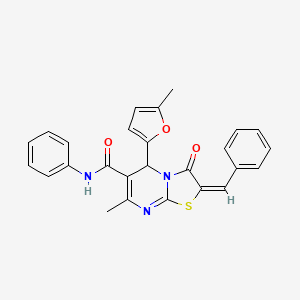 molecular formula C26H21N3O3S B2973216 2-benzylidene-7-methyl-5-(5-methyl-2-furyl)-3-oxo-N-phenyl-2,3-dihydro-5H-[1,3]thiazolo[3,2-a]pyrimidine-6-carboxamide CAS No. 364625-92-3