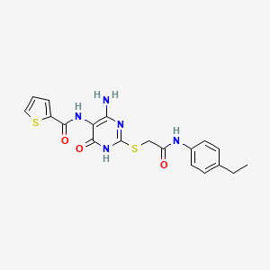 molecular formula C19H19N5O3S2 B2973226 N-(4-amino-2-((2-((4-ethylphenyl)amino)-2-oxoethyl)thio)-6-oxo-1,6-dihydropyrimidin-5-yl)thiophene-2-carboxamide CAS No. 868225-48-3