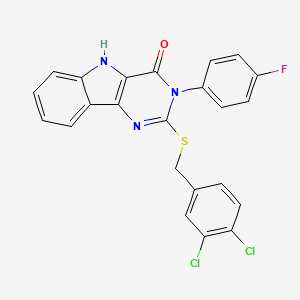 molecular formula C23H14Cl2FN3OS B2973280 2-{[(3,4-dichlorophenyl)methyl]sulfanyl}-3-(4-fluorophenyl)-3H,4H,5H-pyrimido[5,4-b]indol-4-one CAS No. 536712-38-6
