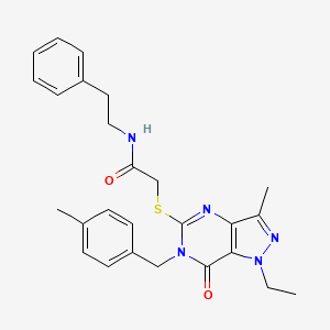 molecular formula C26H29N5O2S B2973333 2-({1-ethyl-3-methyl-6-[(4-methylphenyl)methyl]-7-oxo-1H,6H,7H-pyrazolo[4,3-d]pyrimidin-5-yl}sulfanyl)-N-(2-phenylethyl)acetamide CAS No. 1359217-49-4