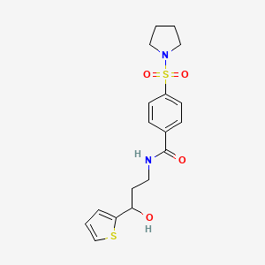 molecular formula C18H22N2O4S2 B2973338 N-(3-hydroxy-3-(thiophen-2-yl)propyl)-4-(pyrrolidin-1-ylsulfonyl)benzamide CAS No. 1421524-04-0