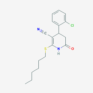 molecular formula C18H21ClN2OS B2973422 4-(2-Chlorophenyl)-2-(hexylthio)-6-oxo-1,4,5,6-tetrahydropyridine-3-carbonitrile CAS No. 375832-47-6