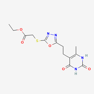 molecular formula C13H16N4O5S B2973439 Ethyl 2-((5-(2-(6-methyl-2,4-dioxo-1,2,3,4-tetrahydropyrimidin-5-yl)ethyl)-1,3,4-oxadiazol-2-yl)thio)acetate CAS No. 1171794-26-5