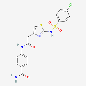 molecular formula C18H15ClN4O4S2 B2973453 4-(2-(2-(4-Chlorophenylsulfonamido)thiazol-4-yl)acetamido)benzamide CAS No. 922021-95-2