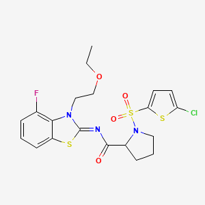 molecular formula C20H21ClFN3O4S3 B2973464 (E)-1-((5-chlorothiophen-2-yl)sulfonyl)-N-(3-(2-ethoxyethyl)-4-fluorobenzo[d]thiazol-2(3H)-ylidene)pyrrolidine-2-carboxamide CAS No. 1101180-22-6