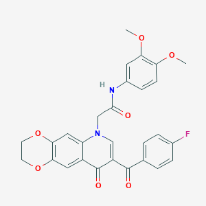 molecular formula C28H23FN2O7 B2973483 N-(3,4-dimethoxyphenyl)-2-[8-(4-fluorobenzoyl)-9-oxo-2H,3H,6H,9H-[1,4]dioxino[2,3-g]quinolin-6-yl]acetamide CAS No. 866864-64-4
