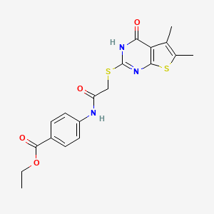 molecular formula C19H19N3O4S2 B2973519 ethyl 4-[2-({5,6-dimethyl-4-oxo-3H,4H-thieno[2,3-d]pyrimidin-2-yl}sulfanyl)acetamido]benzoate CAS No. 494826-16-3