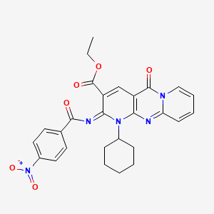 molecular formula C27H25N5O6 B2973681 ethyl 7-cyclohexyl-6-(4-nitrobenzoyl)imino-2-oxo-1,7,9-triazatricyclo[8.4.0.03,8]tetradeca-3(8),4,9,11,13-pentaene-5-carboxylate CAS No. 534579-17-4