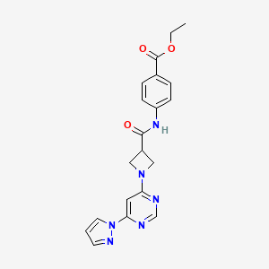 molecular formula C20H20N6O3 B2973789 ethyl 4-{1-[6-(1H-pyrazol-1-yl)pyrimidin-4-yl]azetidine-3-amido}benzoate CAS No. 2034360-56-8