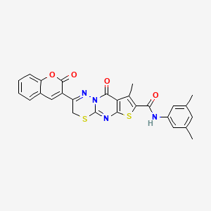 molecular formula C27H20N4O4S2 B2973819 N-(3,5-dimethylphenyl)-4-methyl-2-oxo-12-(2-oxochromen-3-yl)-6,10-dithia-1,8,13-triazatricyclo[7.4.0.03,7]trideca-3(7),4,8,12-tetraene-5-carboxamide CAS No. 866589-36-8