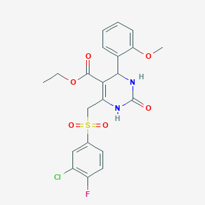 molecular formula C21H20ClFN2O6S B2974257 ethyl 6-[(3-chloro-4-fluorobenzenesulfonyl)methyl]-4-(2-methoxyphenyl)-2-oxo-1,2,3,4-tetrahydropyrimidine-5-carboxylate CAS No. 866590-81-0