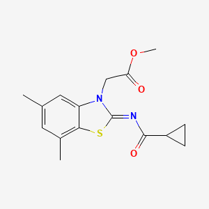 molecular formula C16H18N2O3S B2974277 Methyl 2-[2-(cyclopropanecarbonylimino)-5,7-dimethyl-1,3-benzothiazol-3-yl]acetate CAS No. 1321658-17-6