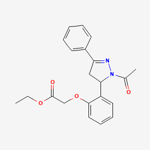 molecular formula C21H22N2O4 B2974284 ethyl 2-(2-(1-acetyl-3-phenyl-4,5-dihydro-1H-pyrazol-5-yl)phenoxy)acetate CAS No. 831237-29-7