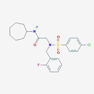 molecular formula C22H26ClFN2O3S B297431 N-cycloheptyl-2-{N-[(2-fluorophenyl)methyl]-4-chlorobenzenesulfonamido}acetamide 