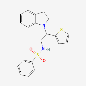 molecular formula C20H20N2O2S2 B2974317 N-(2-(indolin-1-yl)-2-(thiophen-2-yl)ethyl)benzenesulfonamide CAS No. 898407-48-2
