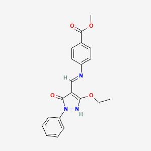 molecular formula C20H19N3O4 B2974398 methyl 4-{[(3-ethoxy-5-oxo-1-phenyl-1,5-dihydro-4H-pyrazol-4-yliden)methyl]amino}benzenecarboxylate CAS No. 338750-94-0