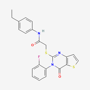 molecular formula C22H18FN3O2S2 B2974602 N-(4-ethylphenyl)-2-{[3-(2-fluorophenyl)-4-oxo-3,4-dihydrothieno[3,2-d]pyrimidin-2-yl]sulfanyl}acetamide CAS No. 1261005-55-3