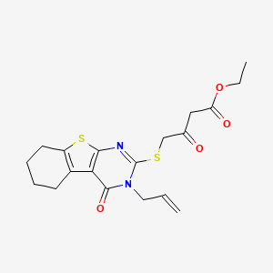 molecular formula C19H22N2O4S2 B2974622 ethyl 3-oxo-4-{[3-oxo-4-(prop-2-en-1-yl)-8-thia-4,6-diazatricyclo[7.4.0.0^{2,7}]trideca-1(9),2(7),5-trien-5-yl]sulfanyl}butanoate CAS No. 304683-96-3
