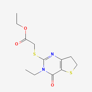 molecular formula C12H16N2O3S2 B2974992 Ethyl 2-((3-ethyl-4-oxo-3,4,6,7-tetrahydrothieno[3,2-d]pyrimidin-2-yl)thio)acetate CAS No. 893369-87-4