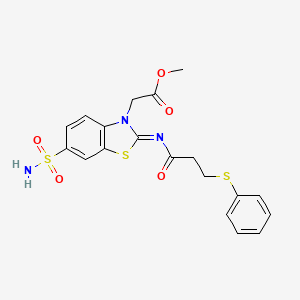 molecular formula C19H19N3O5S3 B2975014 methyl 2-[(2Z)-2-{[3-(phenylsulfanyl)propanoyl]imino}-6-sulfamoyl-2,3-dihydro-1,3-benzothiazol-3-yl]acetate CAS No. 865249-20-3