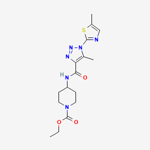 molecular formula C16H22N6O3S B2975105 ethyl 4-(5-methyl-1-(5-methylthiazol-2-yl)-1H-1,2,3-triazole-4-carboxamido)piperidine-1-carboxylate CAS No. 1251575-86-6