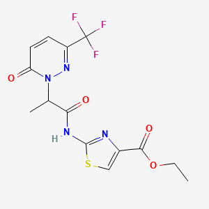 molecular formula C14H13F3N4O4S B2975129 Ethyl 2-{2-[6-oxo-3-(trifluoromethyl)-1,6-dihydropyridazin-1-yl]propanamido}-1,3-thiazole-4-carboxylate CAS No. 2380189-47-7