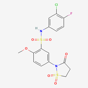 molecular formula C16H14ClFN2O6S2 B2975233 N-(3-chloro-4-fluorophenyl)-2-methoxy-5-(1,1,3-trioxo-1lambda6,2-thiazolidin-2-yl)benzene-1-sulfonamide CAS No. 1015572-54-9