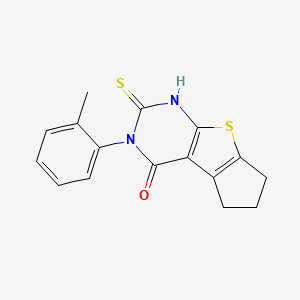 molecular formula C16H14N2OS2 B2975239 11-(2-Methylphenyl)-10-sulfanyl-7-thia-9,11-diazatricyclo[6.4.0.0,2,6]dodeca-1(8),2(6),9-trien-12-one CAS No. 380583-57-3