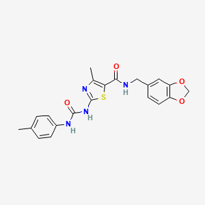 molecular formula C21H20N4O4S B2975315 N-(benzo[d][1,3]dioxol-5-ylmethyl)-4-methyl-2-(3-(p-tolyl)ureido)thiazole-5-carboxamide CAS No. 942010-78-8
