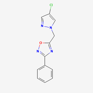molecular formula C12H9ClN4O B2975346 5-((4-chloro-1H-pyrazol-1-yl)methyl)-3-phenyl-1,2,4-oxadiazole CAS No. 1005627-11-1
