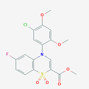 molecular formula C18H15ClFNO6S B2975462 methyl 4-(5-chloro-2,4-dimethoxyphenyl)-6-fluoro-4H-1,4-benzothiazine-2-carboxylate 1,1-dioxide CAS No. 1291858-47-3