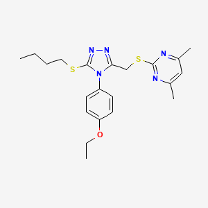 molecular formula C21H27N5OS2 B2975471 2-[[5-Butylsulfanyl-4-(4-ethoxyphenyl)-1,2,4-triazol-3-yl]methylsulfanyl]-4,6-dimethylpyrimidine CAS No. 868222-28-0